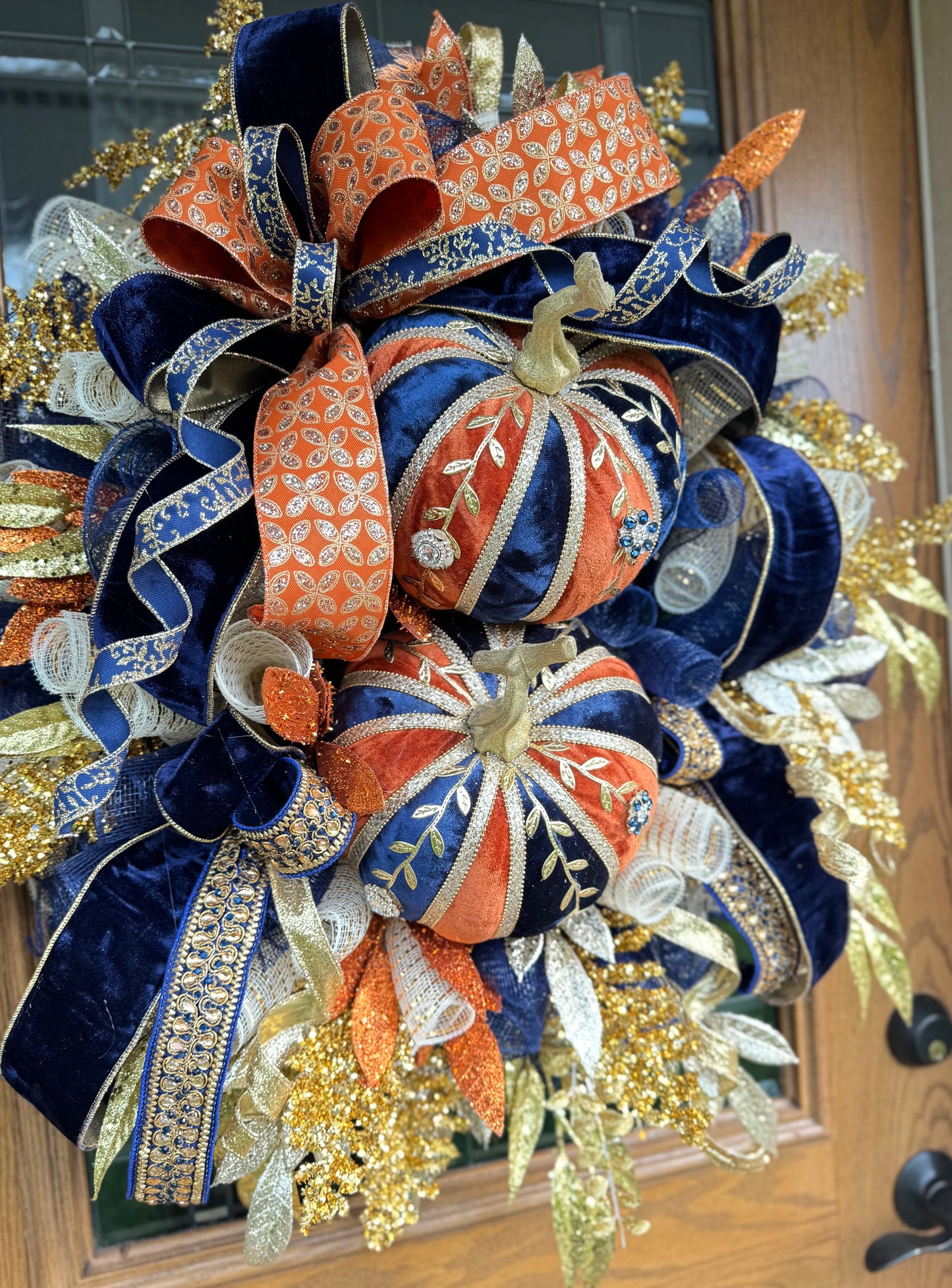Orange And Navy Pumpkin Wreath | Luxury Fall Wreath | Large Fall Wreaths | Fall Wreaths For Front Door