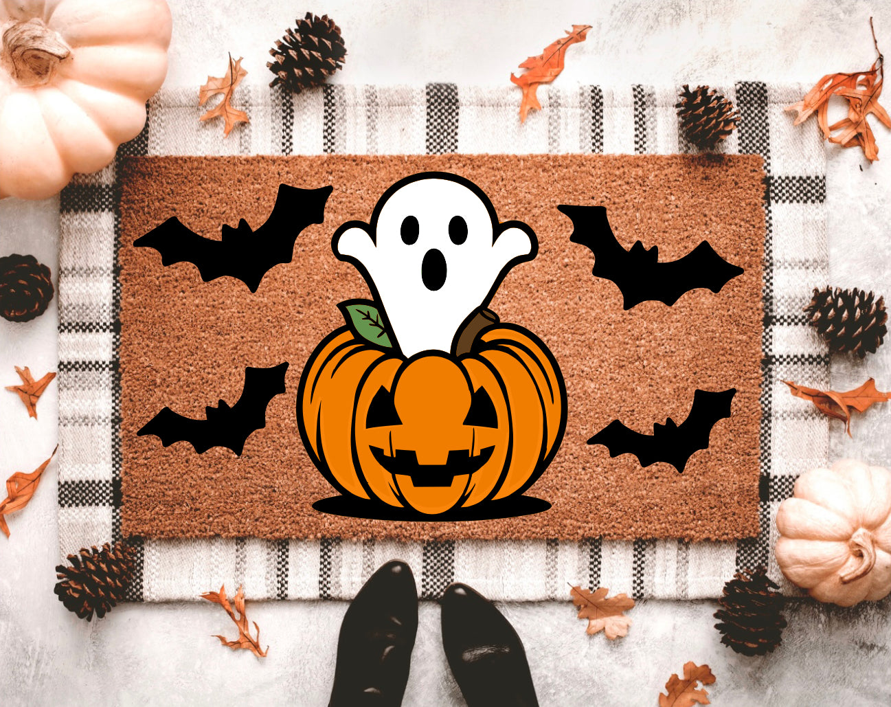 Ghost Pumpkin Halloween Doormat | Halloween Porch Decor | Ghost Doormat