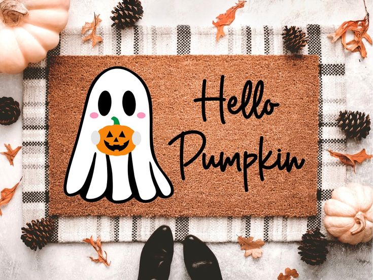 Hello Pumpkin Ghost Doormat | Halloween Porch Decor | Halloween Outdoor Decor