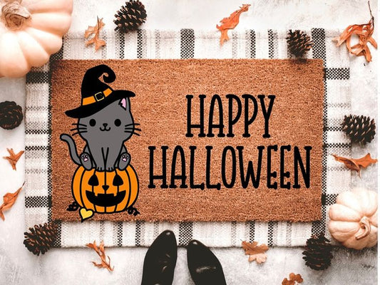 Halloween Cat Doormat | Halloween Porch Decor | Pumpkin Doormat