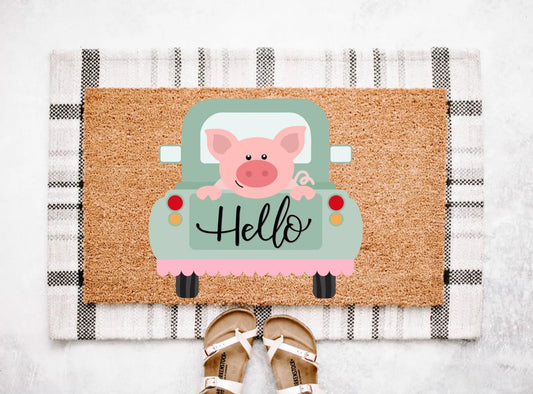 Hello Truck Doormat | Pig Doormat | Summer Doormat | Farmhouse Porch Decor