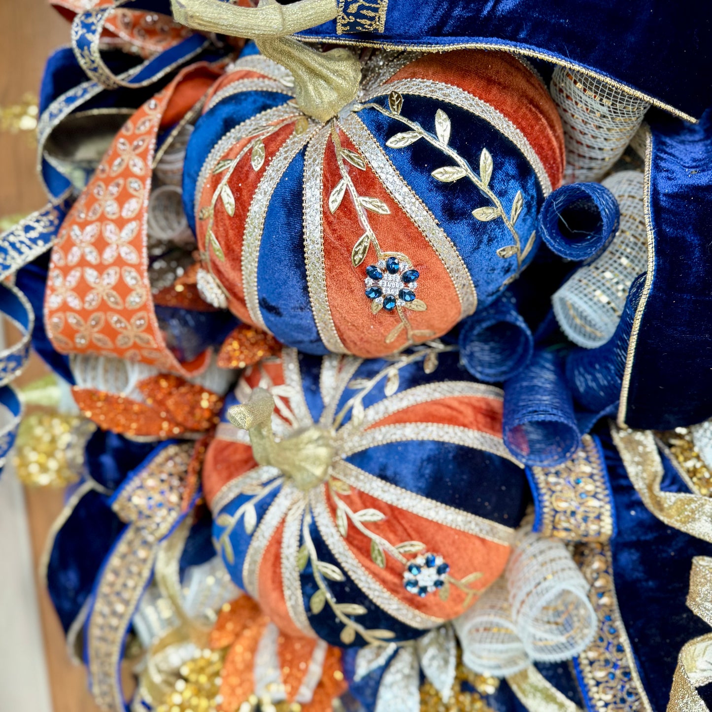 Orange And Navy Pumpkin Wreath | Luxury Fall Wreath | Large Fall Wreaths | Fall Wreaths For Front Door