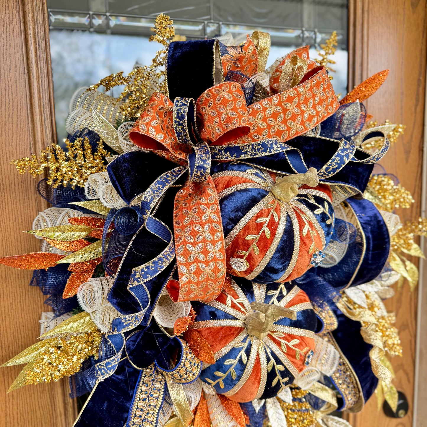 Orange And Navy Pumpkin Wreath | Luxury Fall Wreath | Large Fall Wreaths | Fall Wreaths For Front Door