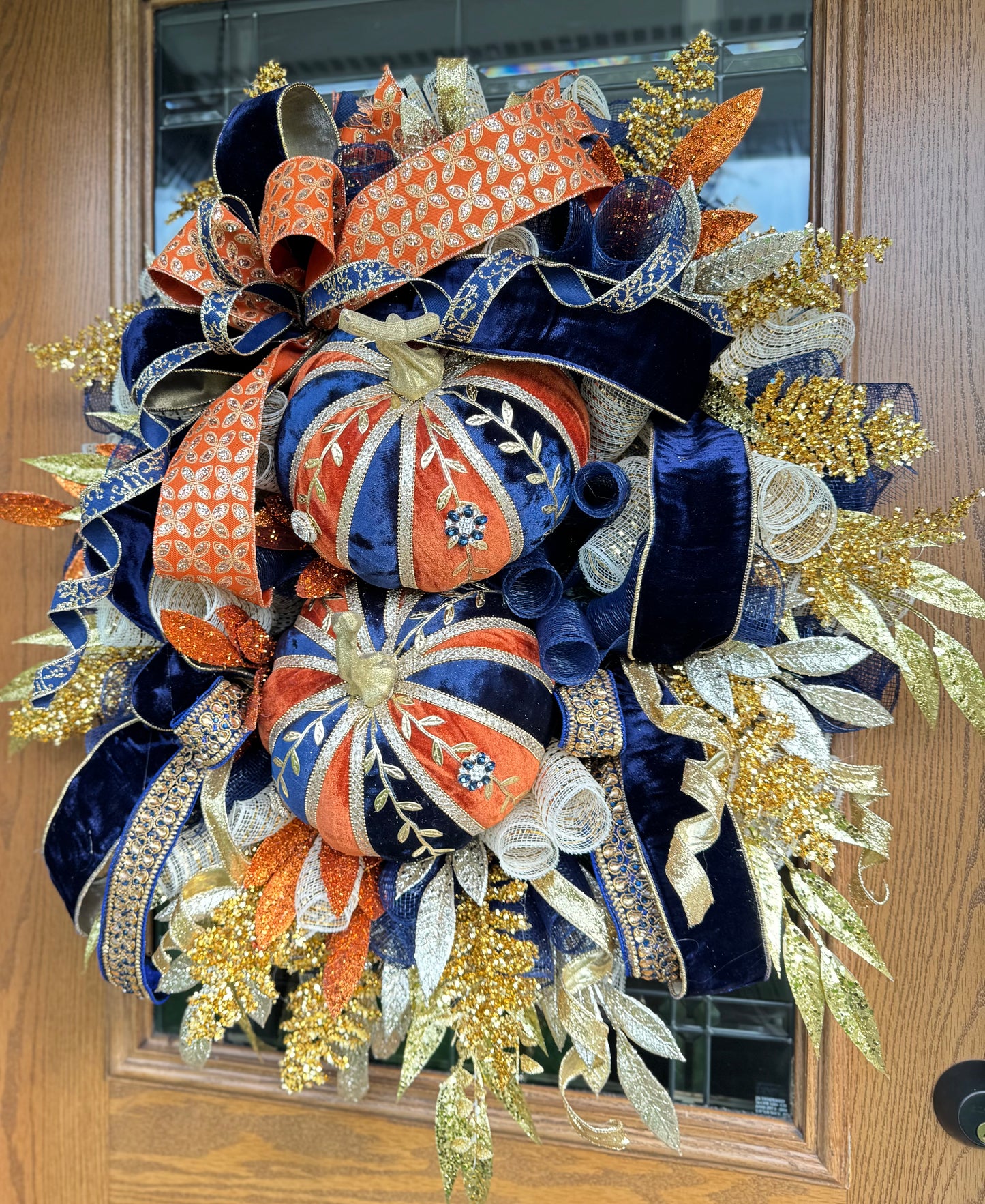 Orange And Navy Pumpkin Wreath | Luxury Fall Wreath | Large Fall Wreaths | Fall Wreaths For Front Door