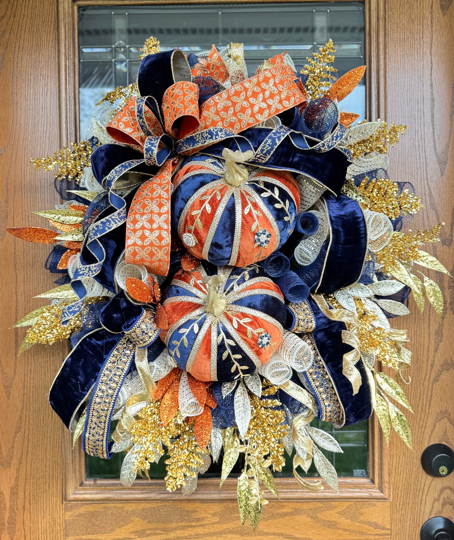 Orange And Navy Pumpkin Wreath | Luxury Fall Wreath | Large Fall Wreaths | Fall Wreaths For Front Door