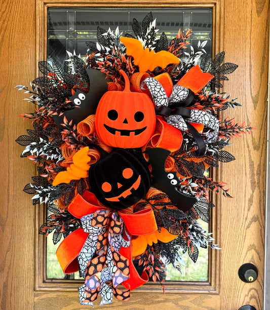 Halloween Pumpkin Wreath | Halloween Wreath For Front Door | Jack O Lantern Wreath