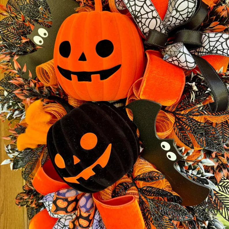 Halloween Pumpkin Wreath | Halloween Wreath For Front Door | Jack O Lantern Wreath