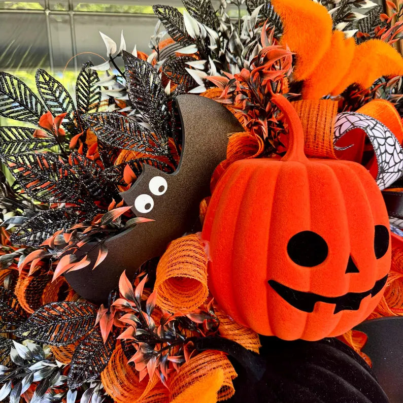 Halloween Pumpkin Wreath | Halloween Wreath For Front Door | Jack O Lantern Wreath