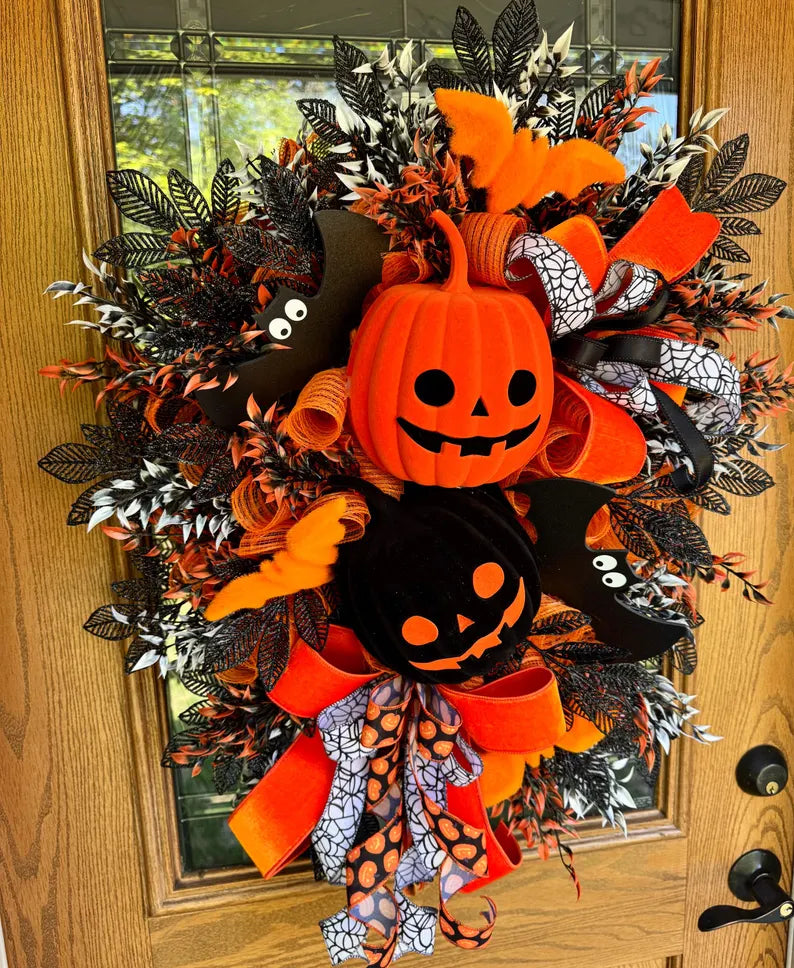 Halloween Pumpkin Wreath | Halloween Wreath For Front Door | Jack O Lantern Wreath