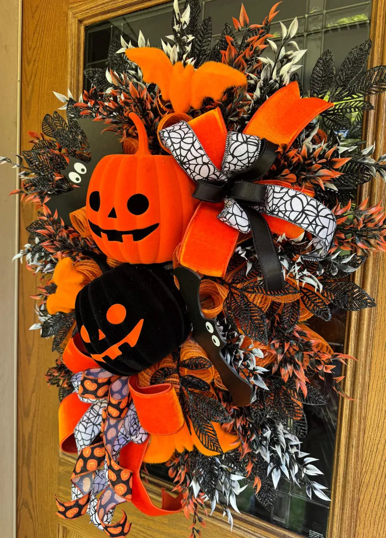 Halloween Pumpkin Wreath | Halloween Wreath For Front Door | Jack O Lantern Wreath