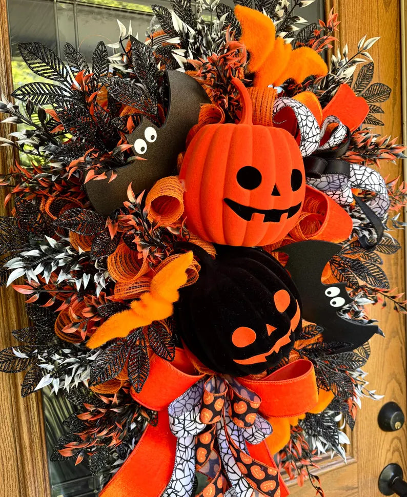 Halloween Pumpkin Wreath | Halloween Wreath For Front Door | Jack O Lantern Wreath