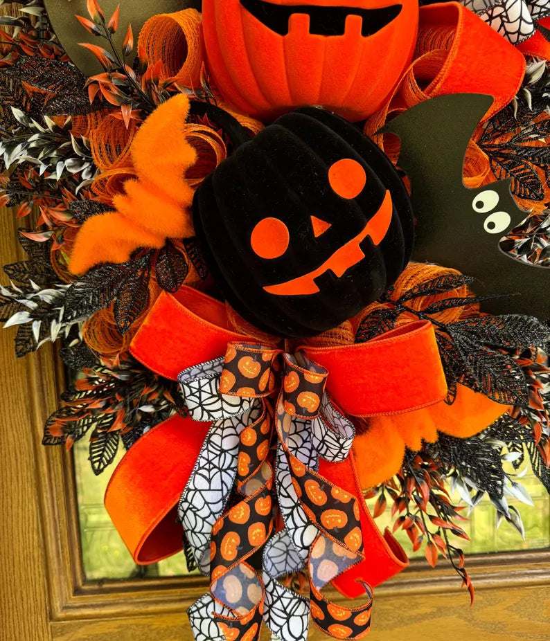 Halloween Pumpkin Wreath | Halloween Wreath For Front Door | Jack O Lantern Wreath