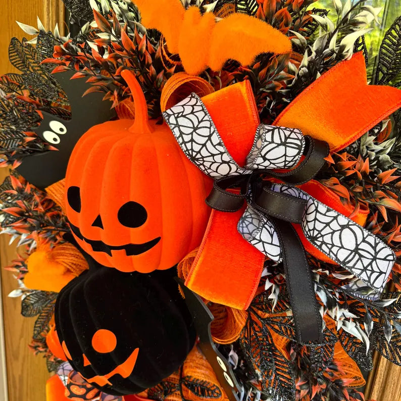 Halloween Pumpkin Wreath | Halloween Wreath For Front Door | Jack O Lantern Wreath