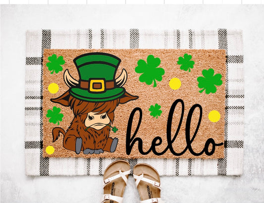 St. Patrick’s Day Highland Cow Doormat | St. Patrick’s Decor | Spring Doormat