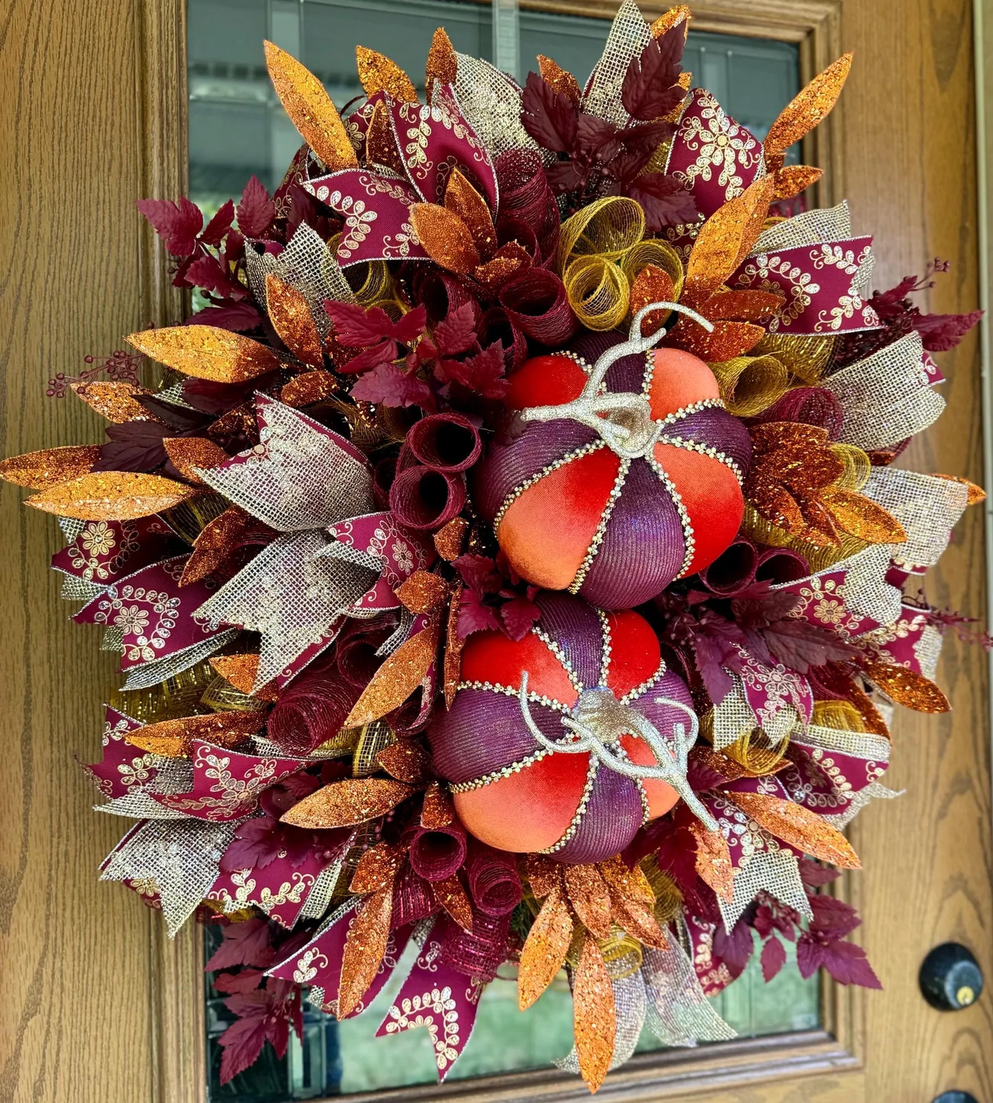 Orange and Burgundy Pumpkin Fall Wreath | Autumn Door Wreaths |  Fall Wreath For Front Door | Luxury Fall Wreath | Large Fall Door Wreaths