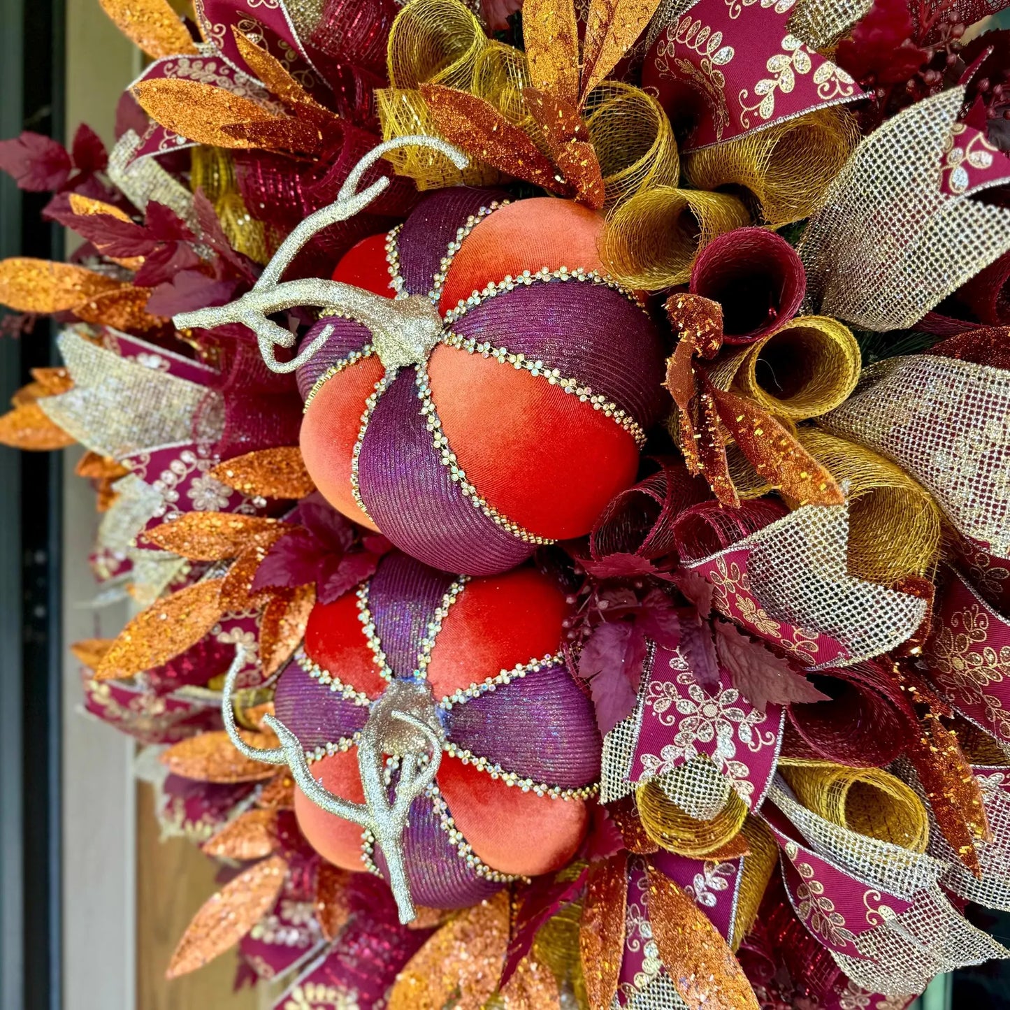 Orange and Burgundy Pumpkin Fall Wreath | Autumn Door Wreaths |  Fall Wreath For Front Door | Luxury Fall Wreath | Large Fall Door Wreaths