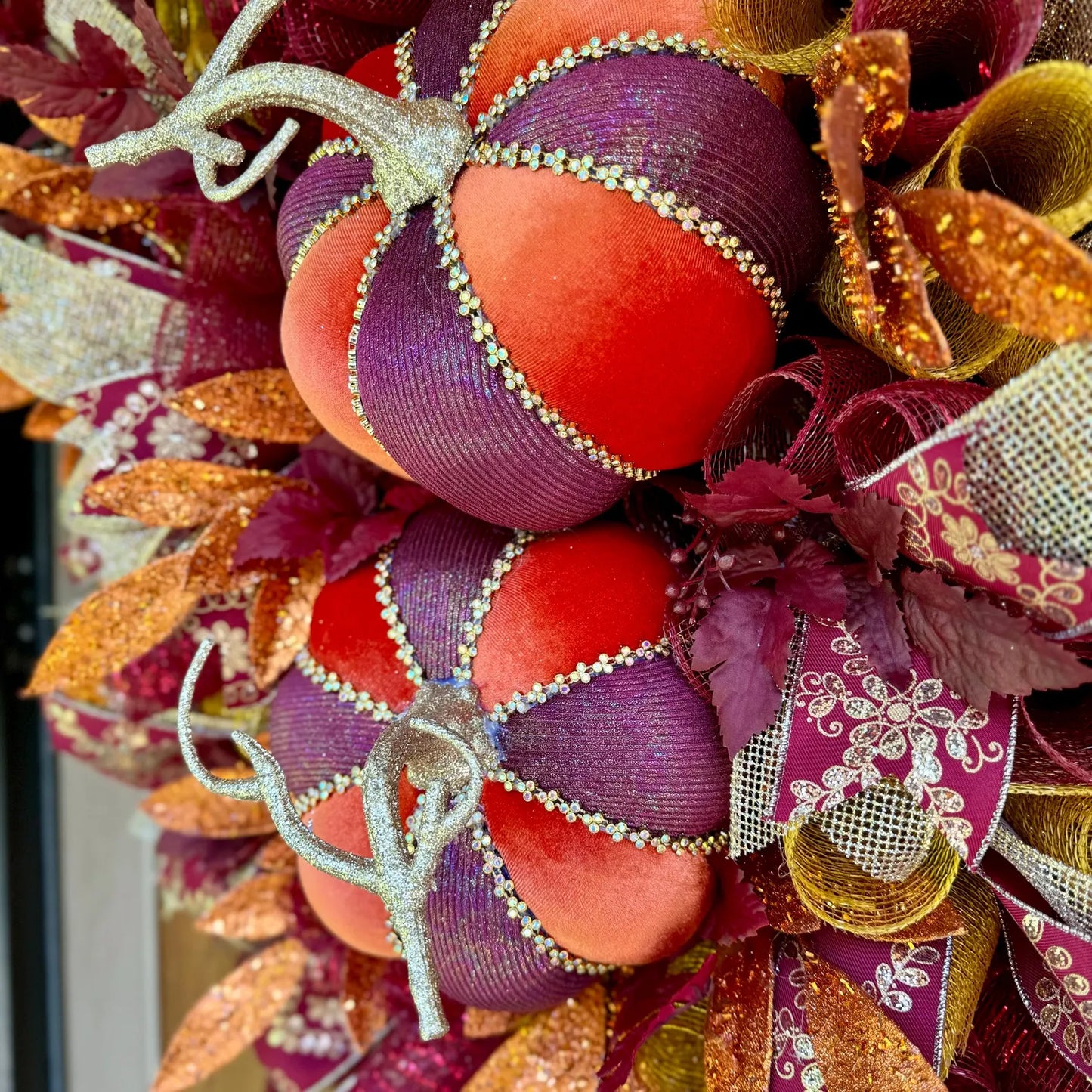 Orange and Burgundy Pumpkin Fall Wreath | Autumn Door Wreaths |  Fall Wreath For Front Door | Luxury Fall Wreath | Large Fall Door Wreaths