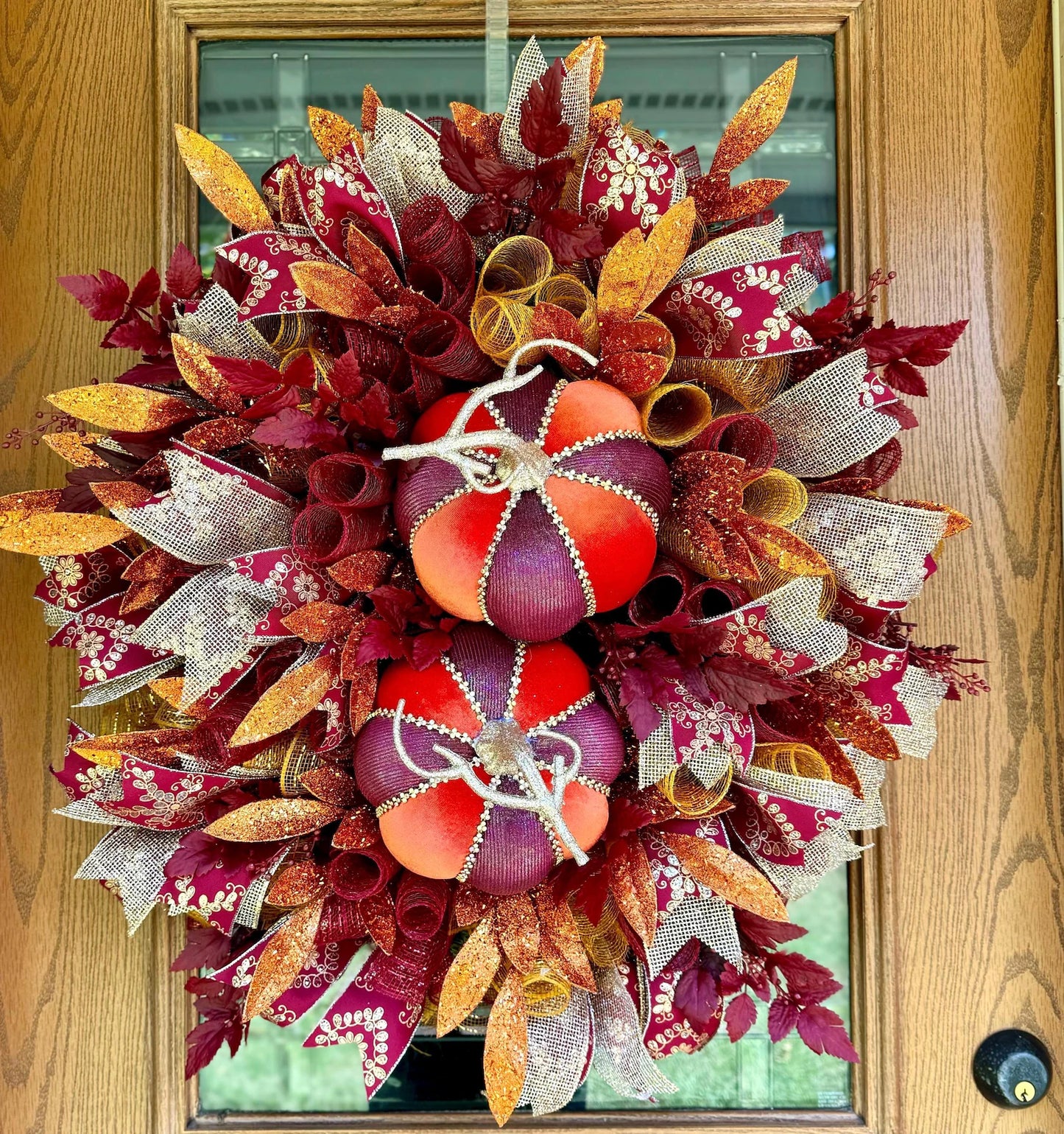 Orange and Burgundy Pumpkin Fall Wreath | Autumn Door Wreaths |  Fall Wreath For Front Door | Luxury Fall Wreath | Large Fall Door Wreaths