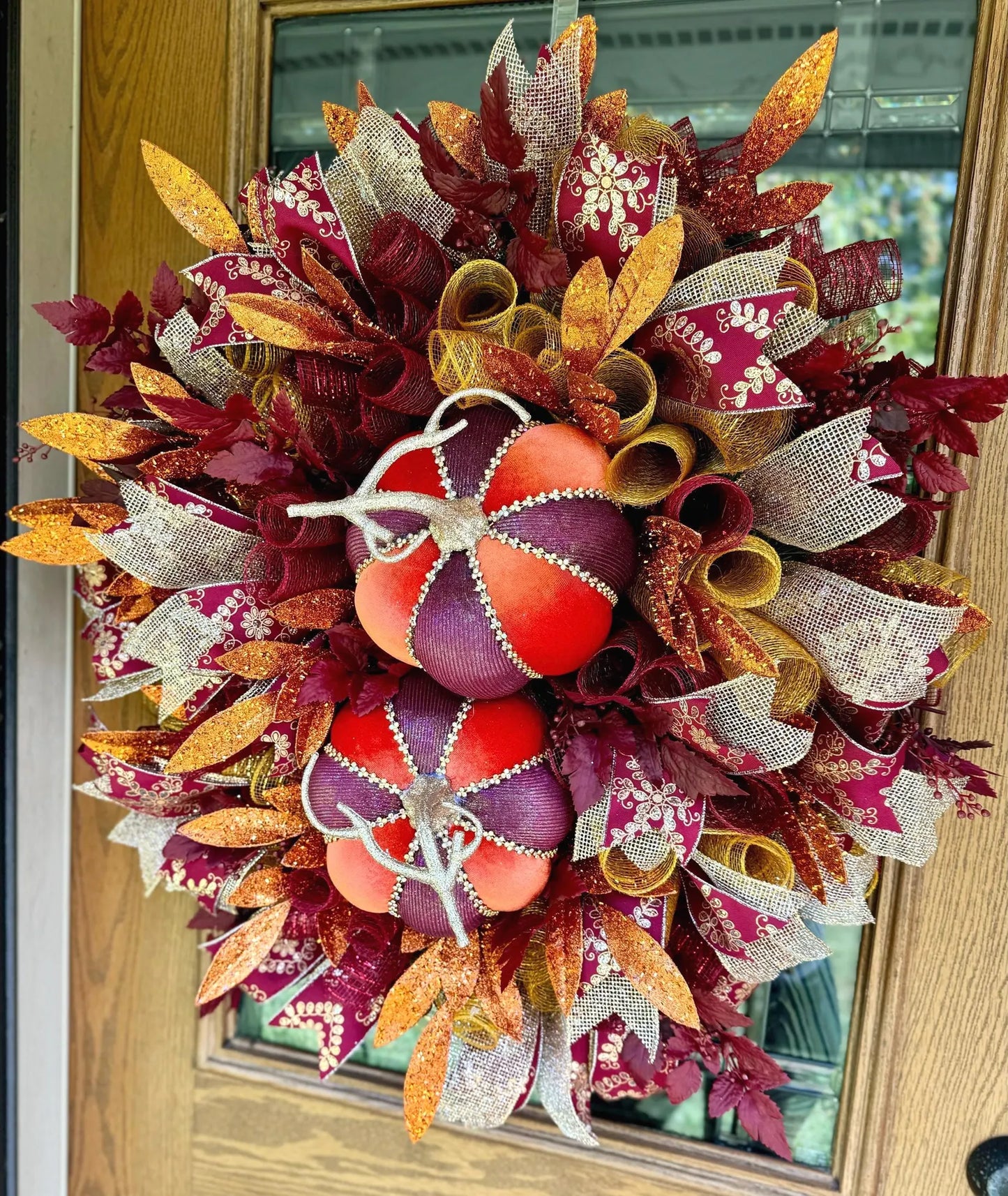 Orange and Burgundy Pumpkin Fall Wreath | Autumn Door Wreaths |  Fall Wreath For Front Door | Luxury Fall Wreath | Large Fall Door Wreaths