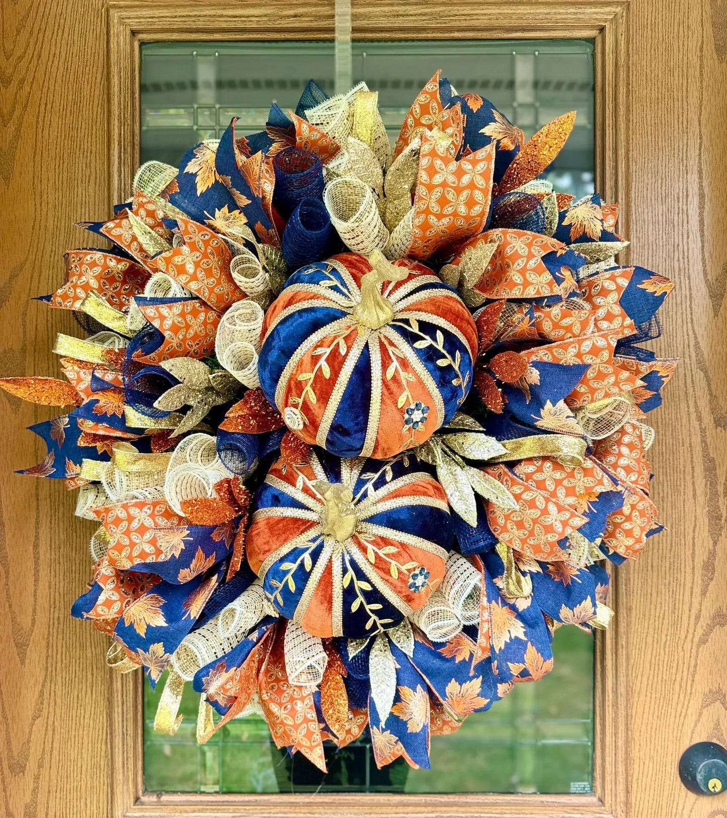 Orange And Navy Pumpkin Wreath | Luxury Fall Wreath | Large Fall Wreaths | Fall Wreaths For Front Door