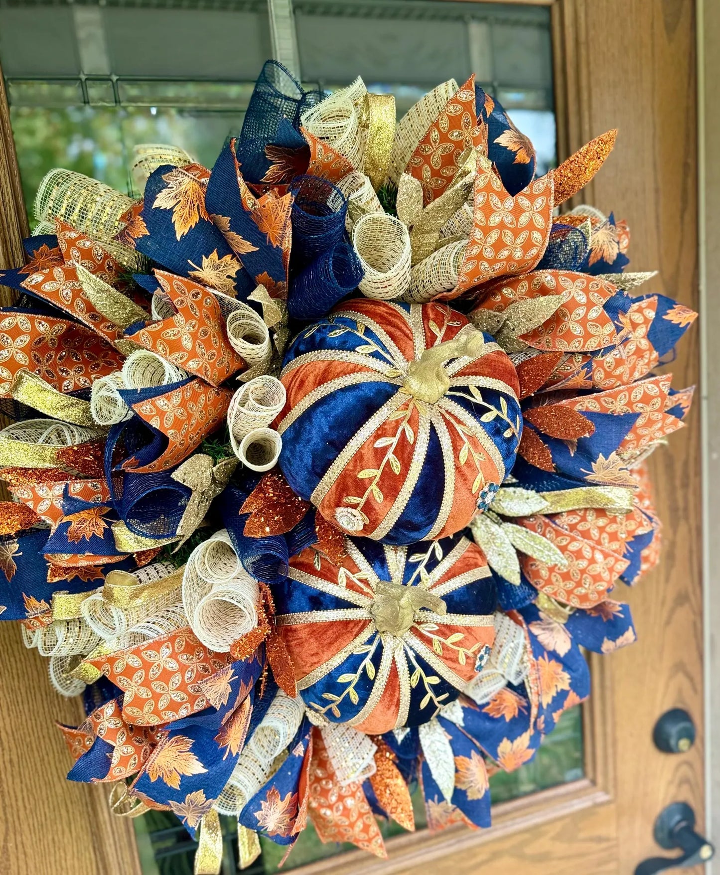 Orange And Navy Pumpkin Wreath | Luxury Fall Wreath | Large Fall Wreaths | Fall Wreaths For Front Door