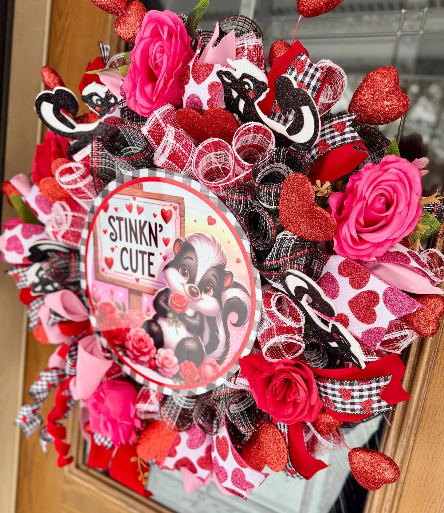 Skunk Valentine’s Day Wreath | Valentines Day Door Decor | Porch Decor | Pink And Red Wreath | Valentine’s Decor