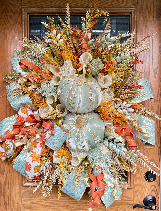 Luxury Sage Green Pumpkin Fall Wreath | Fall Wreaths For Front Door | Fall Porch Decor