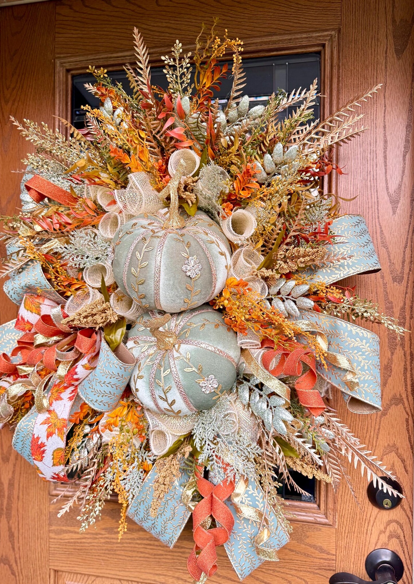 Luxury Sage Green Pumpkin Fall Wreath | Fall Wreaths For Front Door | Fall Porch Decor