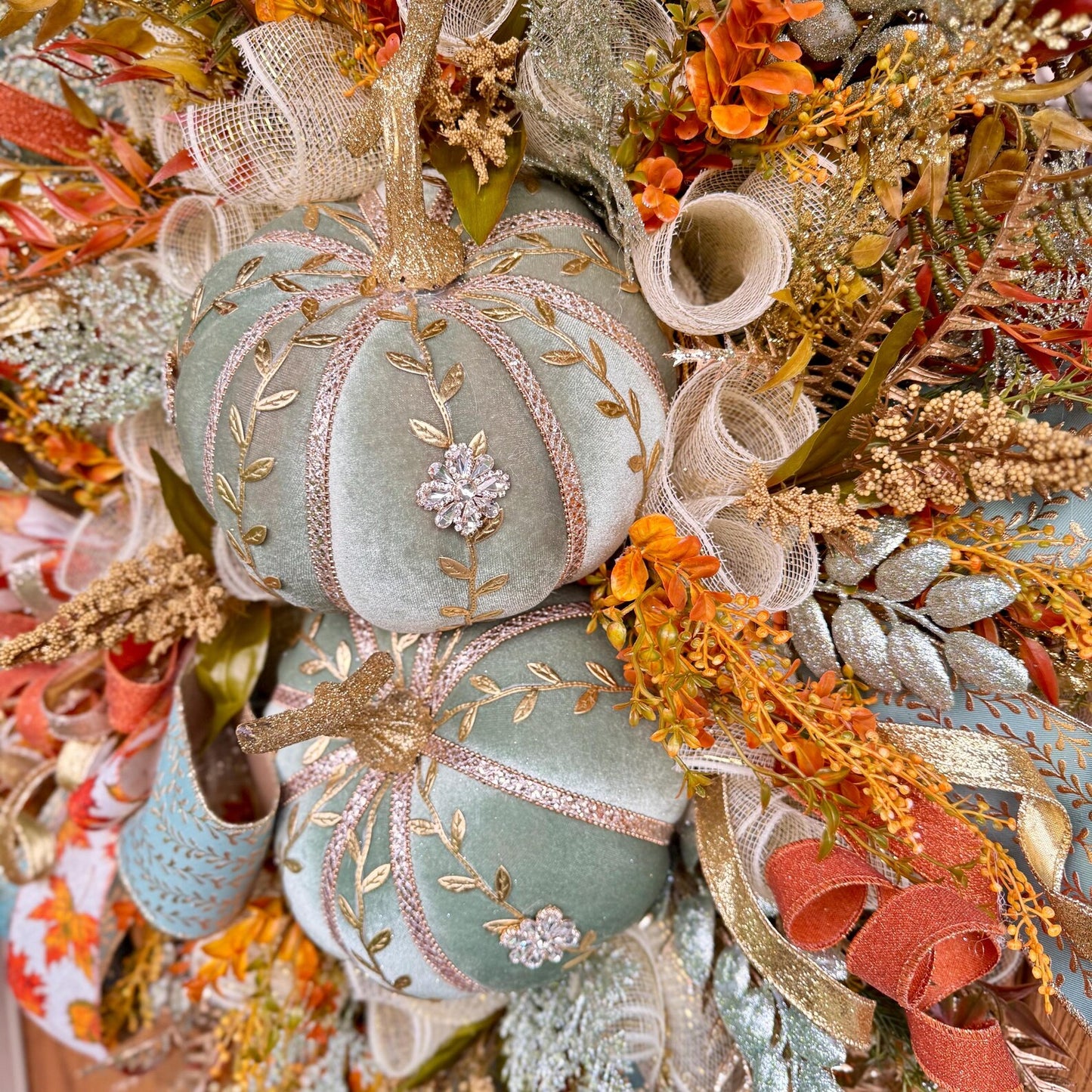 Luxury Sage Green Pumpkin Fall Wreath | Fall Wreaths For Front Door | Fall Porch Decor