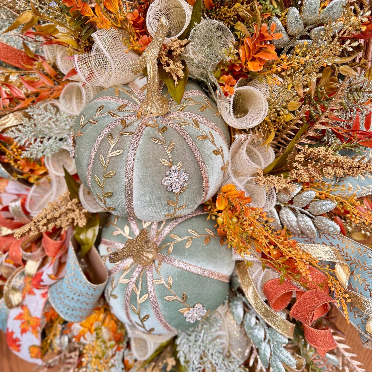 Luxury Sage Green Pumpkin Fall Wreath | Fall Wreaths For Front Door | Fall Porch Decor