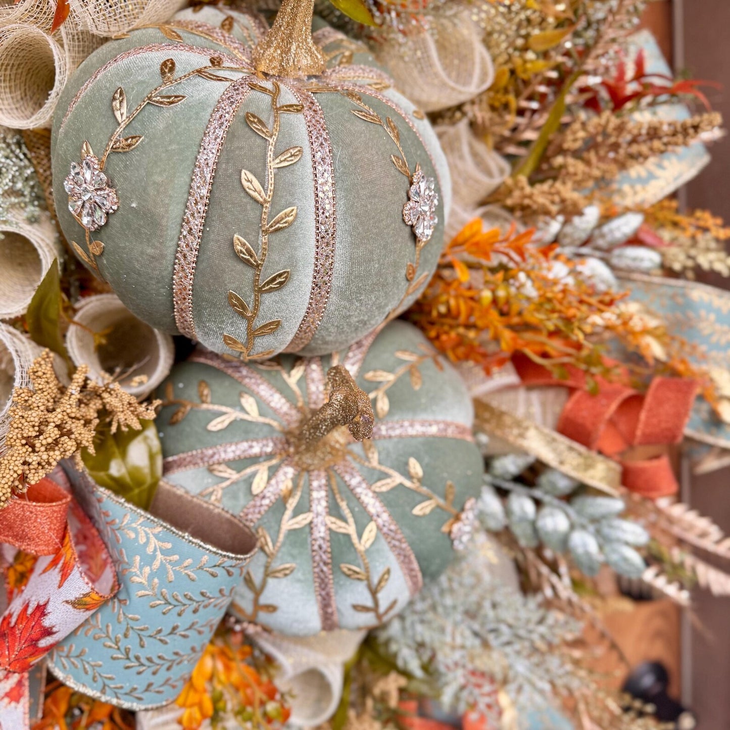 Luxury Sage Green Pumpkin Fall Wreath | Fall Wreaths For Front Door | Fall Porch Decor