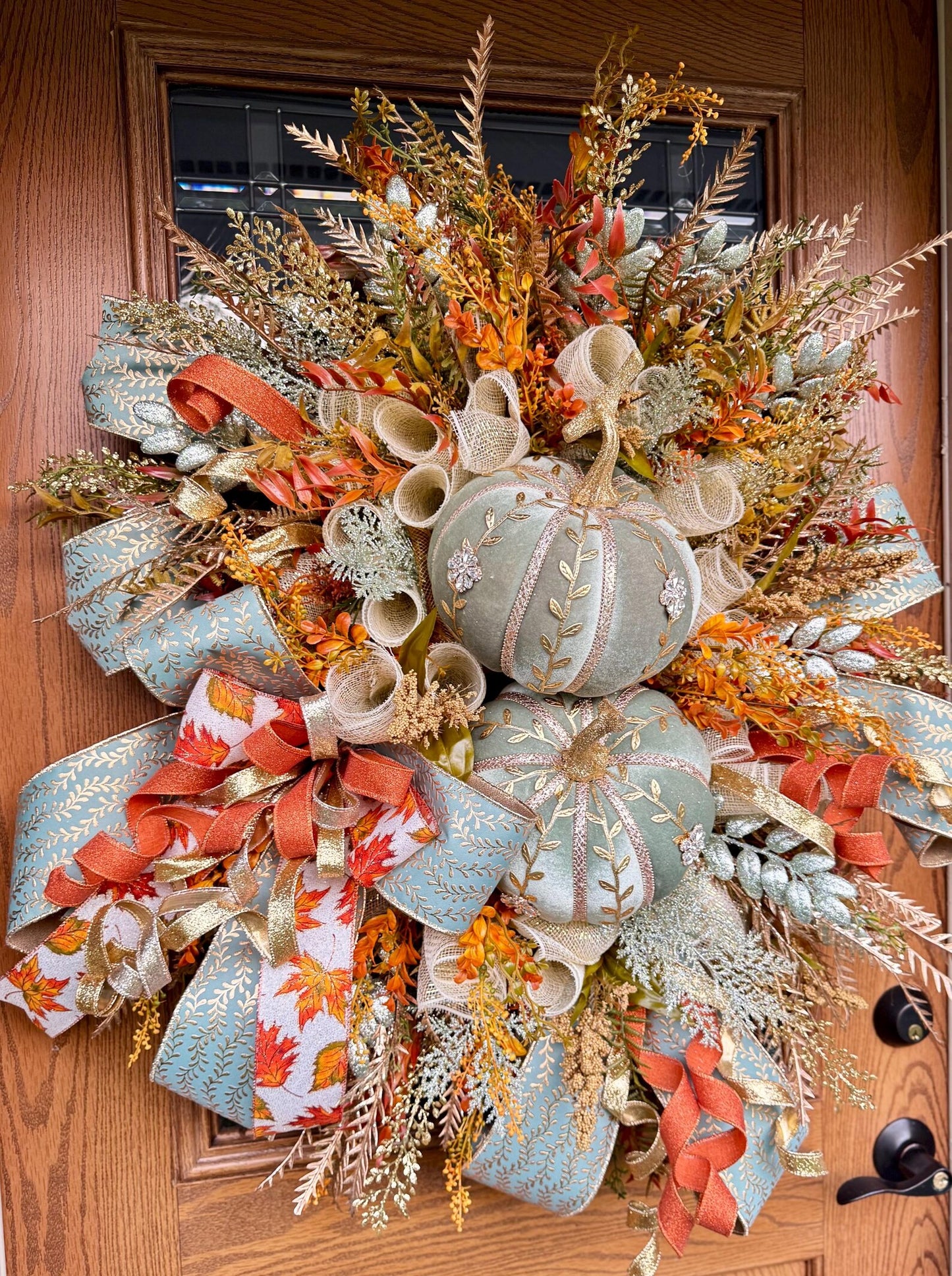 Luxury Sage Green Pumpkin Fall Wreath | Fall Wreaths For Front Door | Fall Porch Decor