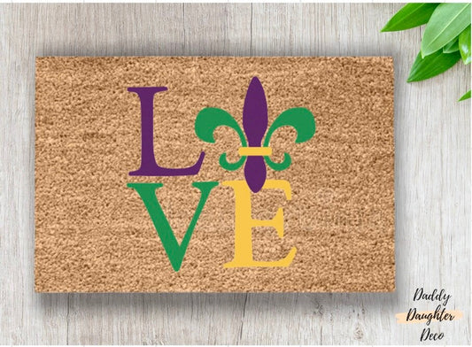 Love Fleur De Lis Doormat | Mardi Gras Doormat | Mardi Gras Decor | New Orleans |NOLA | Mardi Gras Decorations