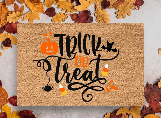 Trick Or Treat Doormat | Halloween Doormat | Candy Corn Doormat | Halloween Porch Decor | Ghost Doormat | Outdoor Fall Decor | Fall Doormat