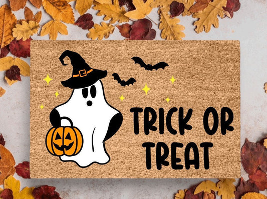 Trick Or Treat Doormat | Halloween Doormat | Ghost Doormat | Halloween Porch Decor | Pumpkin Doormat | Outdoor Fall Decor | Fall Doormat