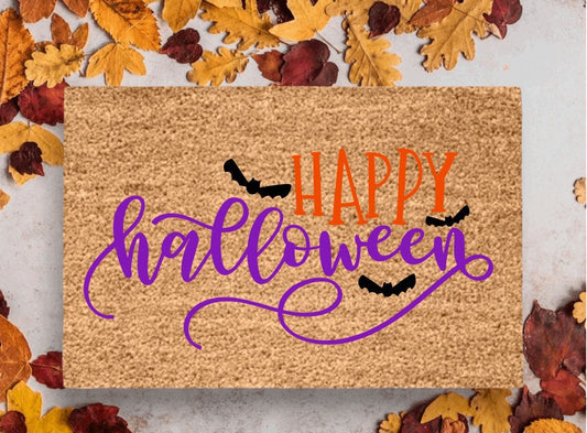 Happy Halloween Doormat | Bat Doormat | Halloween Porch Decor | Fall Doormat | Fall Decor | Welcome Mat | Cute Doormat