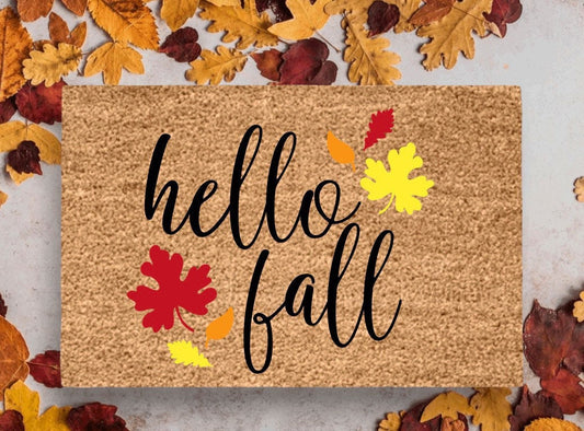 Hello Fall Door Mat | Fall Leaves Doormat | Fall Porch Decor | Thanksgiving Holiday Doormat | Seasonal Decor | Outdoor Fall Decor