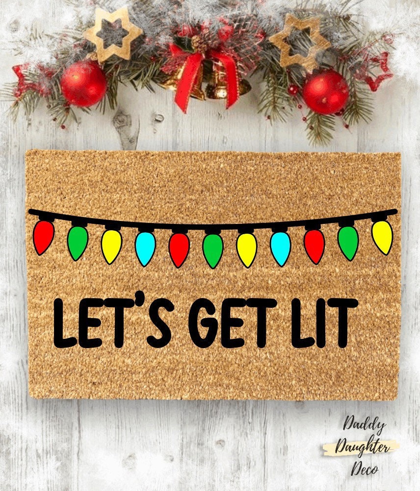 Let’s Get Lit Christmas Doormat | Funny Doormat | Christmas Lights Doormat | Christmas Porch Decor | Holiday Doormat