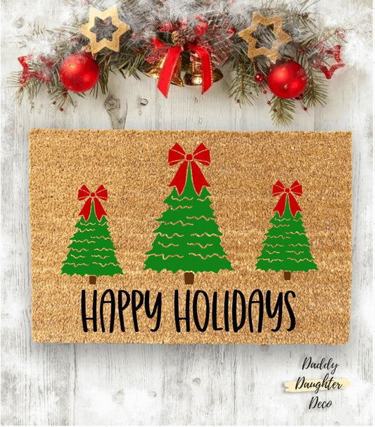 Happy Holidays Doormat | Christmas Doormat |Christmas Tree Doormat | Front Porch Decor | Holiday Rug | Winter Doormat