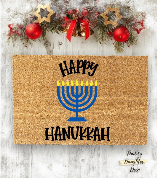 Happy Hanukkah Doormat | Menorah Doormat | Hanukkah Decor | Winter Doormat |  Winter Porch Decor | Hanukkah Door Decor